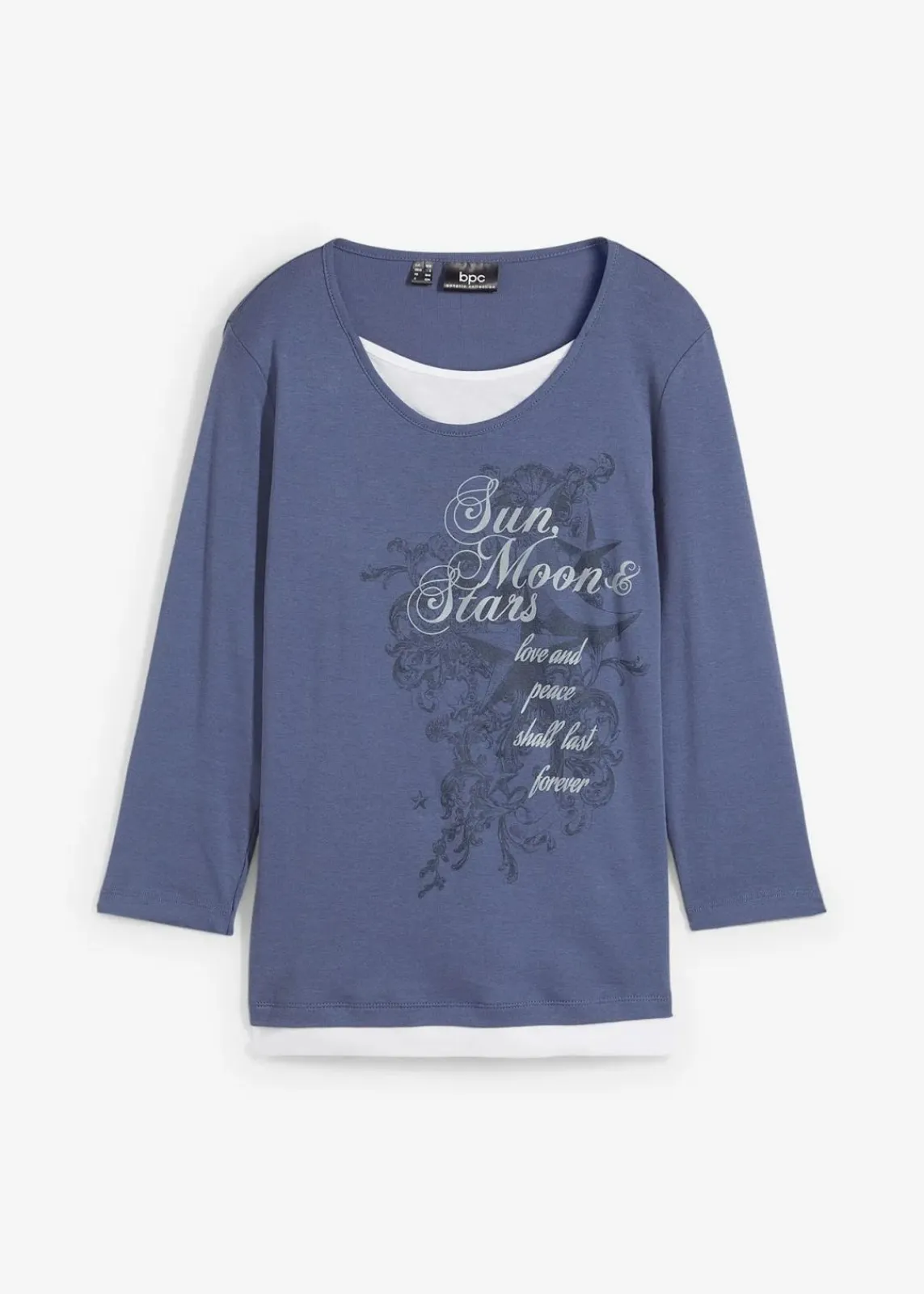 bonprix Shirts & Tops^2 in 1 Baumwoll-Shirt, 3/4-Arm indigo bedruckt