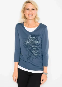 bonprix Shirts & Tops^2 in 1 Baumwoll-Shirt, 3/4-Arm indigo bedruckt