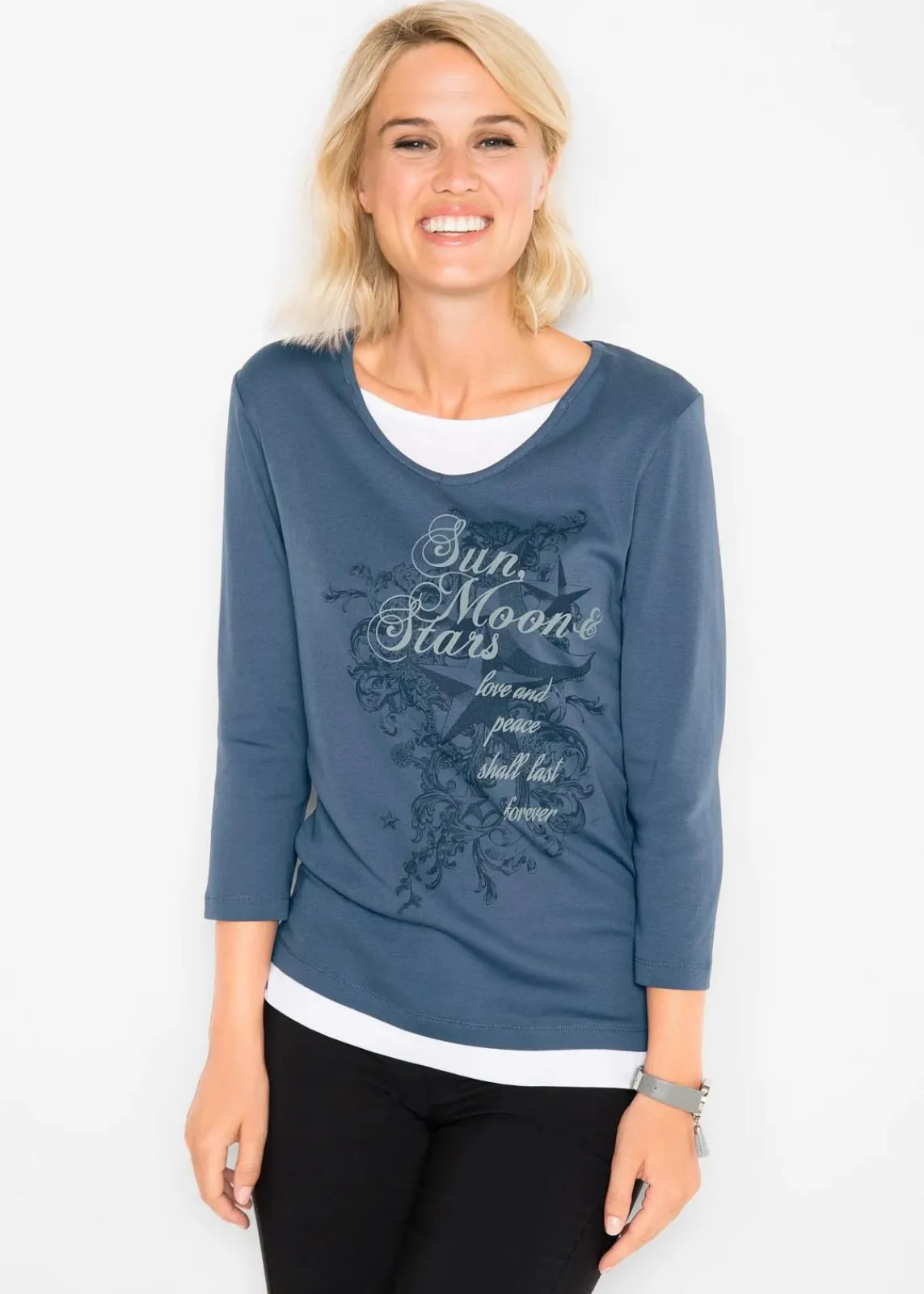 bonprix Shirts & Tops^2 in 1 Baumwoll-Shirt, 3/4-Arm indigo bedruckt