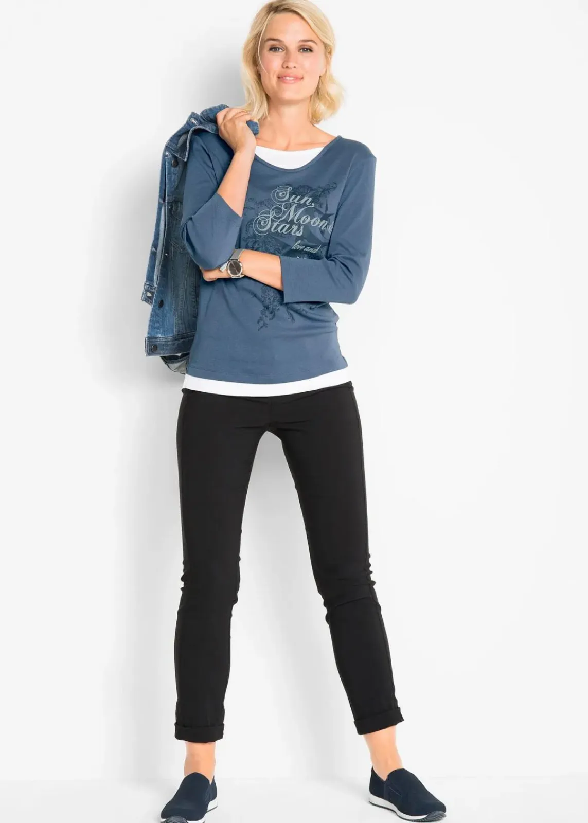 bonprix Shirts & Tops^2 in 1 Baumwoll-Shirt, 3/4-Arm indigo bedruckt