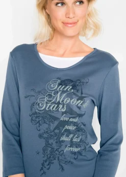 bonprix Shirts & Tops^2 in 1 Baumwoll-Shirt, 3/4-Arm indigo bedruckt