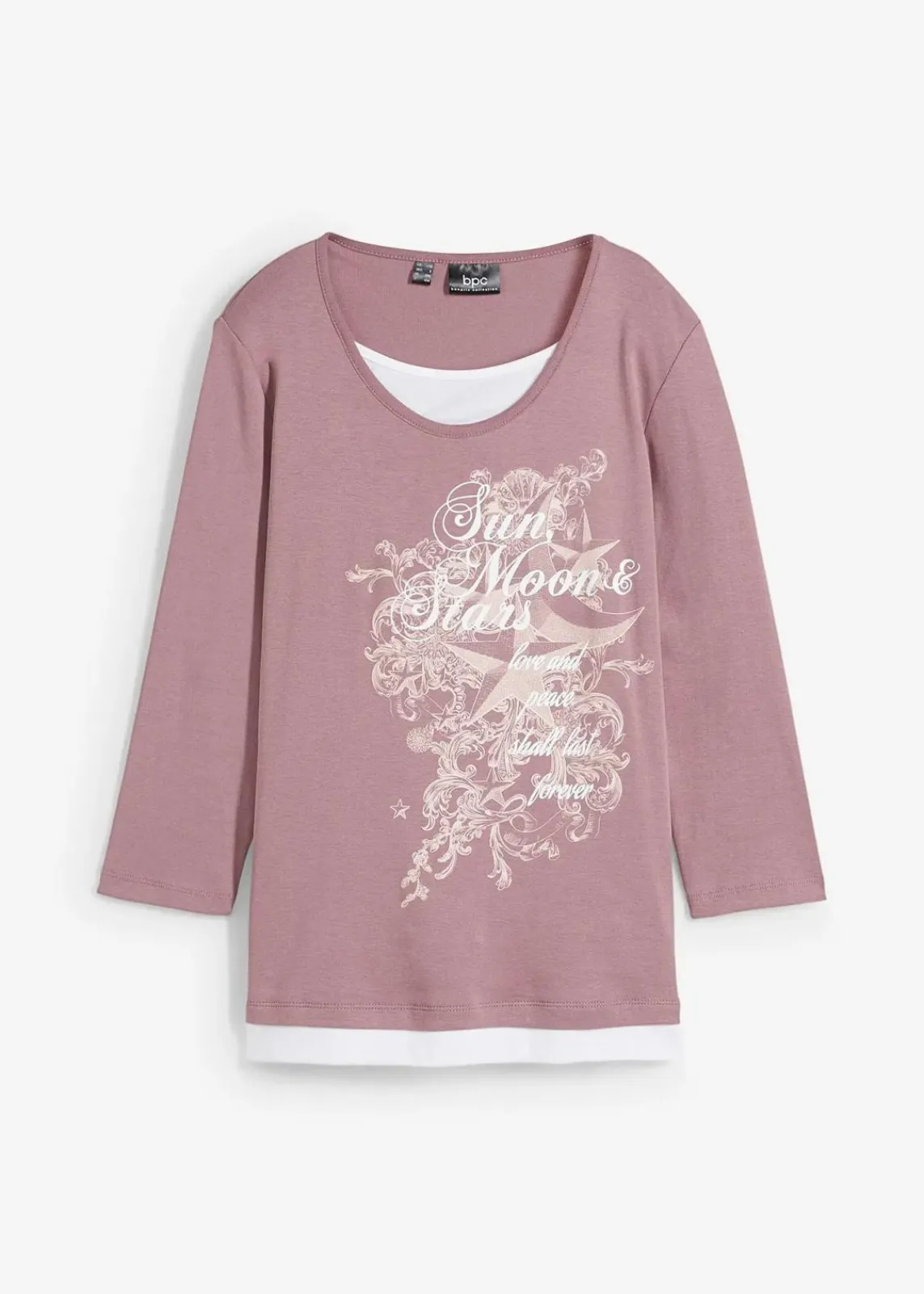 bonprix Shirts & Tops^2 in 1 Baumwoll-Shirt, 3/4-Arm mattviolett bedruckt