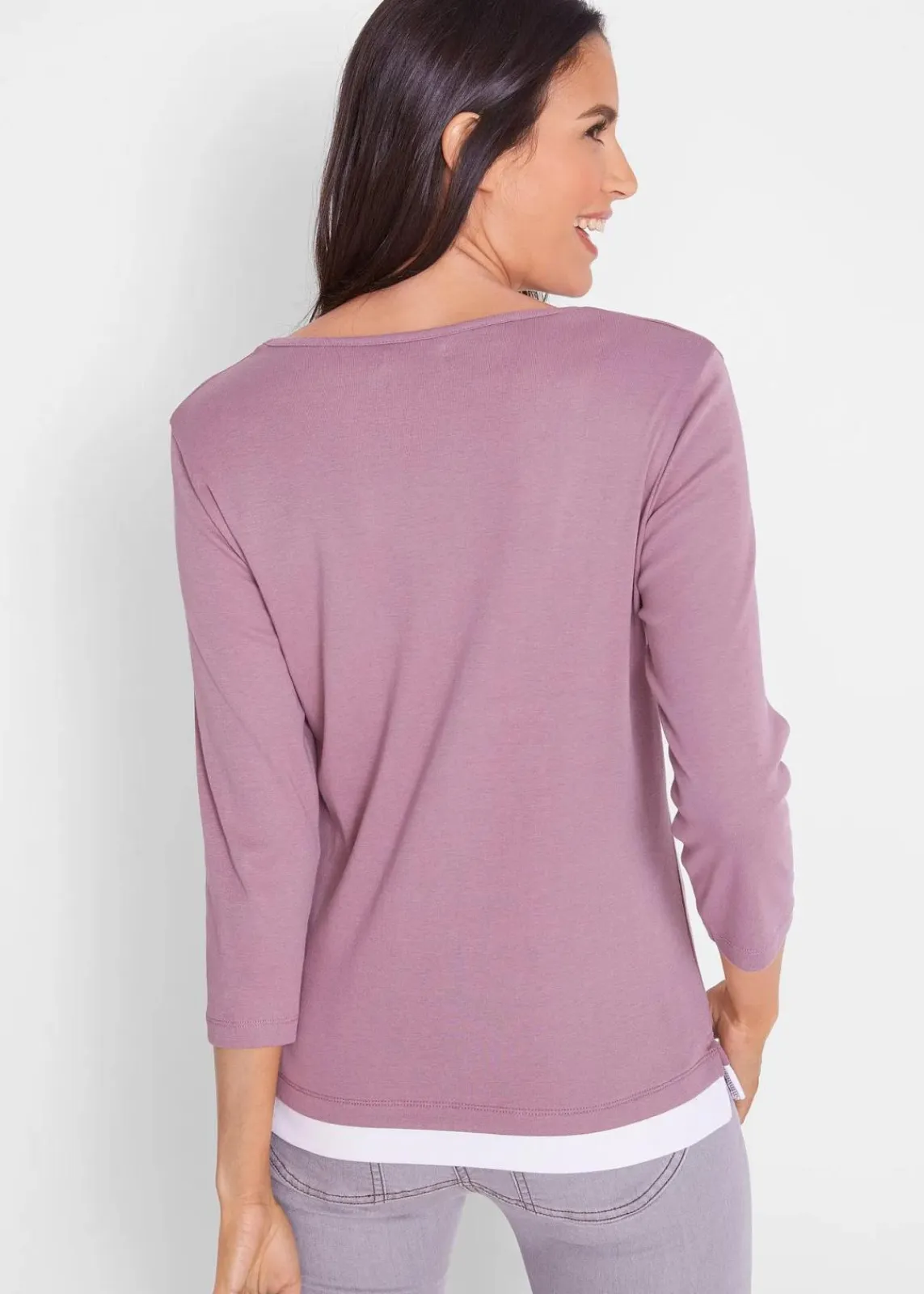 bonprix Shirts & Tops^2 in 1 Baumwoll-Shirt, 3/4-Arm mattviolett bedruckt