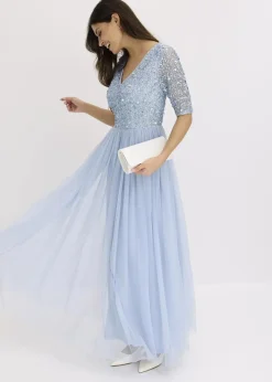 bonprix Kleider|Festliche Mode^Abendkleid aus zartem Tüll mit Paillettenstickerei puderblau