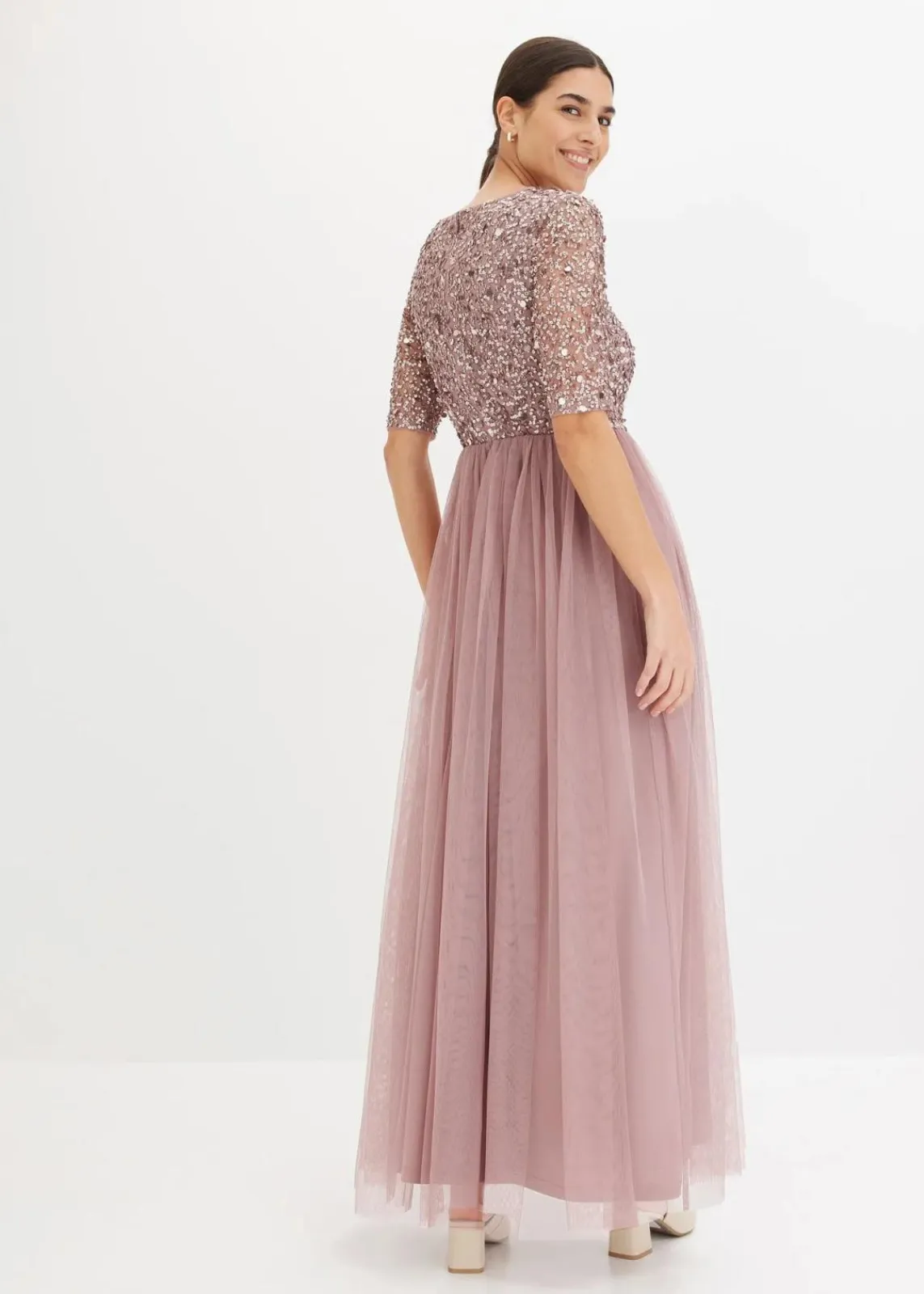 bonprix Kleider|Festliche Mode^Abendkleid aus zartem Tüll mit Paillettenstickerei rosenholz