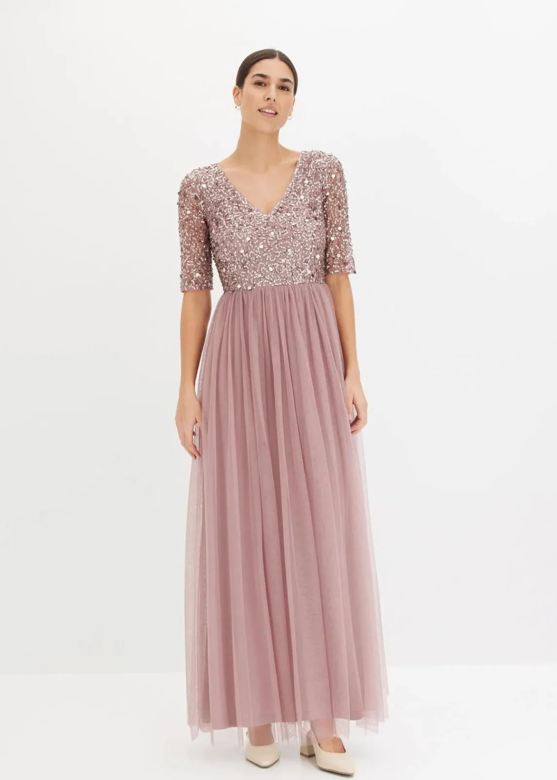 bonprix Kleider|Festliche Mode^Abendkleid aus zartem Tüll mit Paillettenstickerei rosenholz