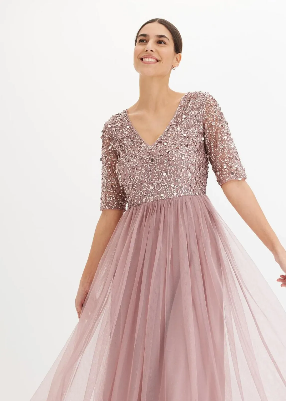 bonprix Kleider|Festliche Mode^Abendkleid aus zartem Tüll mit Paillettenstickerei rosenholz