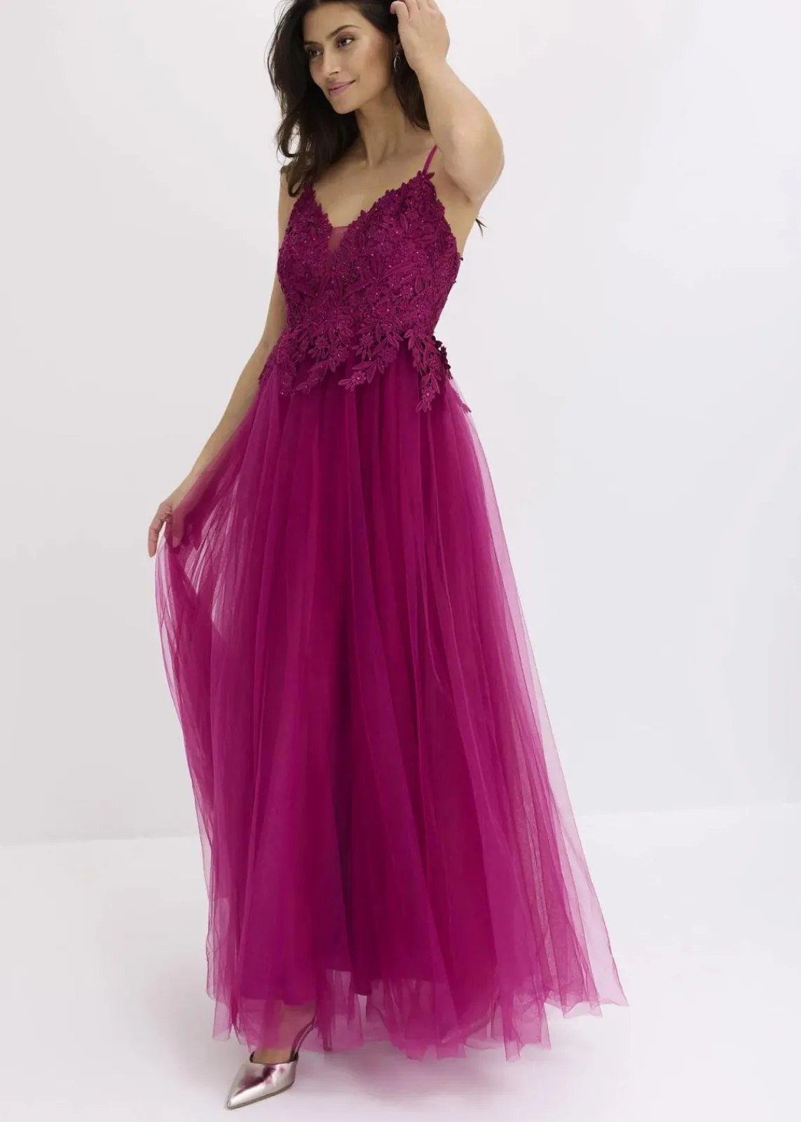 bonprix Bekleidung·Pullover & Strickjacken|Festliche Mode^Abendkleid aus zartem Tüll mit Spitze fuchsia