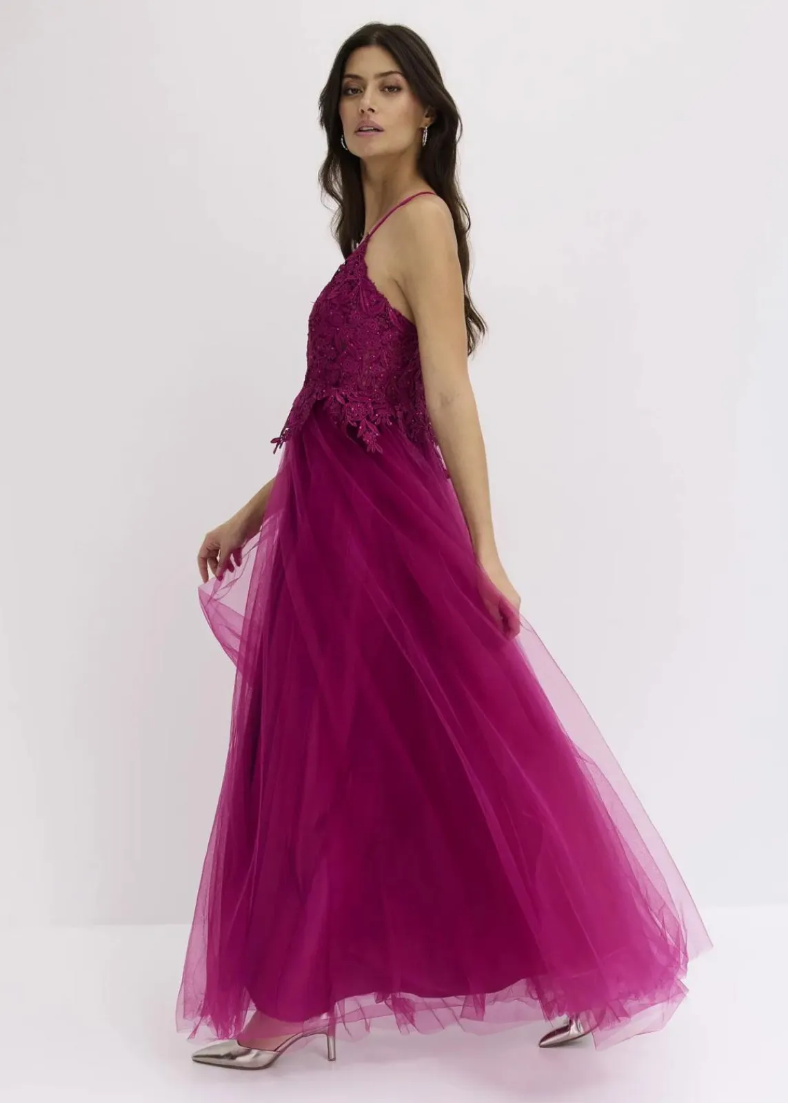 bonprix Bekleidung·Pullover & Strickjacken|Festliche Mode^Abendkleid aus zartem Tüll mit Spitze fuchsia