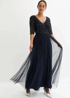 bonprix Kleider|Festliche Mode^Abendkleid aus zartem Tüll mit Paillettenstickerei dunkelblau