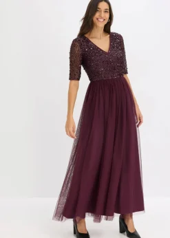 bonprix Kleider|Festliche Mode^Abendkleid aus zartem Tüll mit Paillettenstickerei weinrot