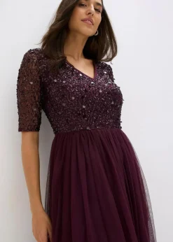 bonprix Kleider|Festliche Mode^Abendkleid aus zartem Tüll mit Paillettenstickerei weinrot