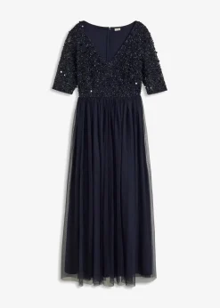 bonprix Bekleidung·Pullover & Strickjacken|Kurzgrößen^Abendkleid aus zartem Tüll mit Paillettenstickerei dunkelblau