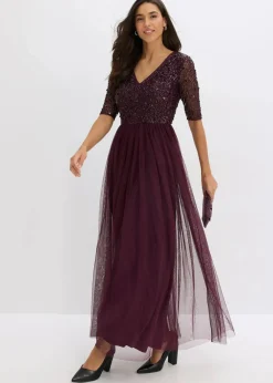 bonprix Bekleidung·Pullover & Strickjacken|Kurzgrößen^Abendkleid aus zartem Tüll mit Paillettenstickerei dunkelblau