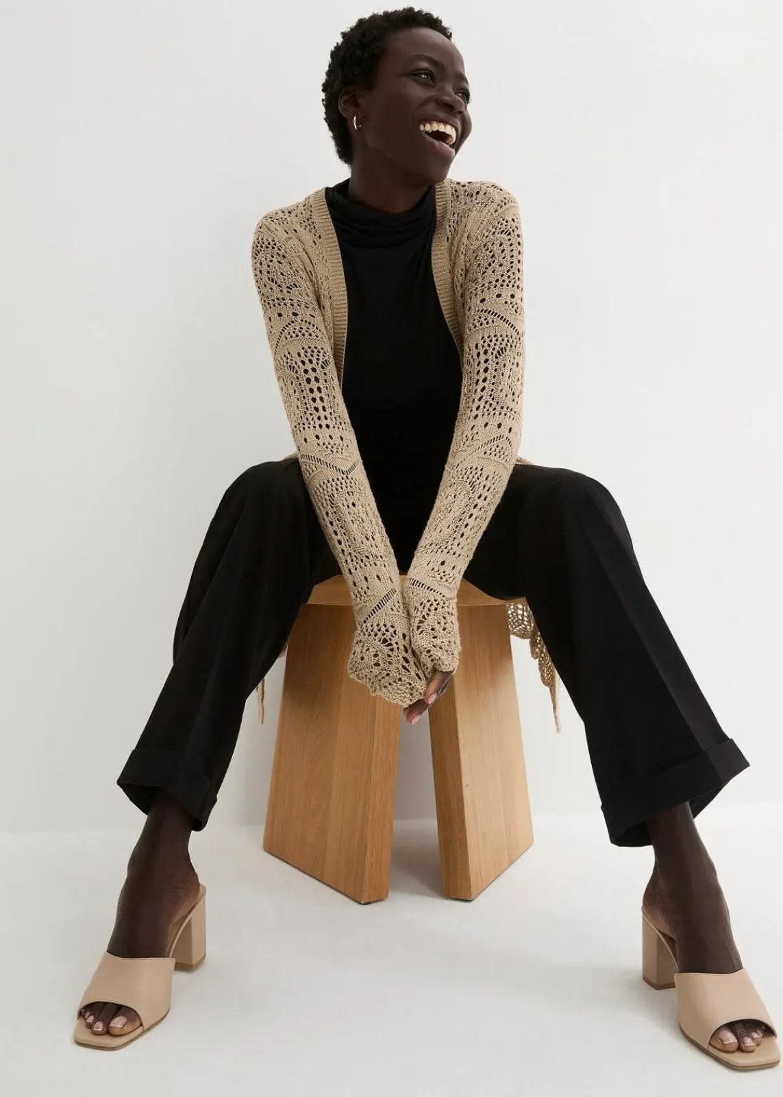 bonprix Bekleidung·Umstandsmode|Strickmode^Ajour Longstrickjacke sand
