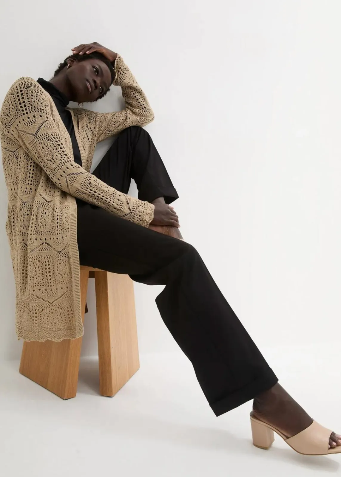 bonprix Bekleidung·Umstandsmode|Strickmode^Ajour Longstrickjacke sand