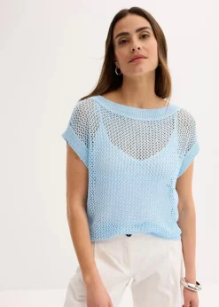 bonprix Bekleidung·Umstandsmode|Bekleidung·Jeans^Ajour Pullover aus glänzendem Bändchengarn puderblau