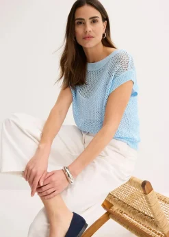 bonprix Bekleidung·Umstandsmode|Bekleidung·Jeans^Ajour Pullover aus glänzendem Bändchengarn puderblau