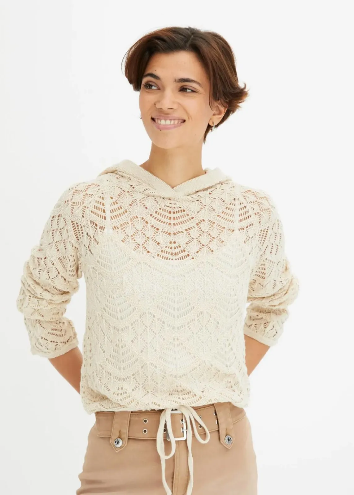 bonprix Strickmode|Pullover & Strickjacken^Ajour-Pullover kieselbeige