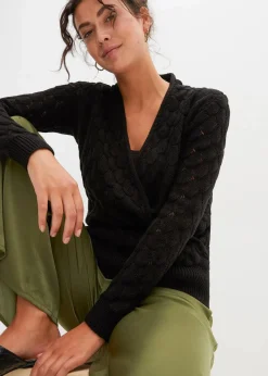 bonprix Bekleidung·Umstandsmode|Strickmode^Ajour-Pullover in Wickeloptik schwarz