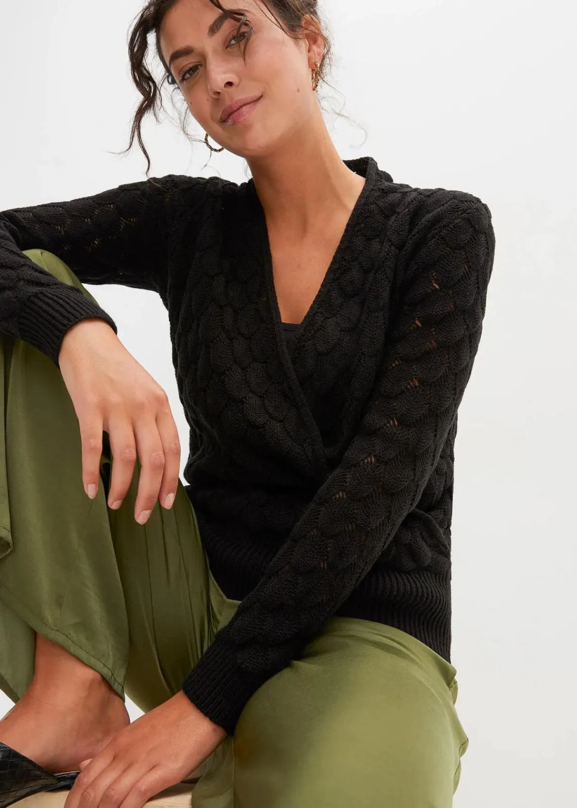 bonprix Bekleidung·Umstandsmode|Strickmode^Ajour-Pullover in Wickeloptik schwarz