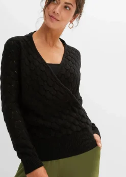 bonprix Bekleidung·Umstandsmode|Strickmode^Ajour-Pullover in Wickeloptik schwarz