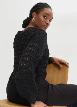 bonprix Pullover & Strickjacken|Strickmode^Ajour-Strickjacke aus reiner Baumwolle schwarz