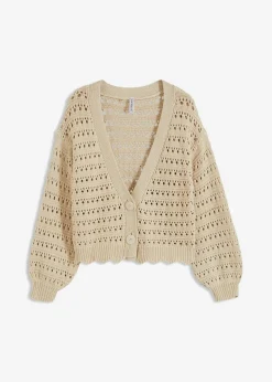 bonprix Strickmode|Pullover & Strickjacken^Ajour-Strickjacke aus reiner Baumwolle kieselbeige