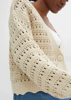 bonprix Strickmode|Pullover & Strickjacken^Ajour-Strickjacke aus reiner Baumwolle kieselbeige