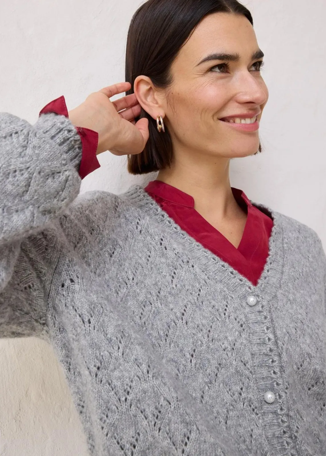 bonprix Bekleidung·Umstandsmode|Bekleidung·Jeans^Ajour-Strickjacke mit Wolle hellgrau meliert
