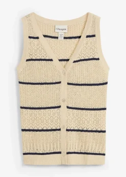 bonprix Bekleidung·Umstandsmode|Premium^Ajour-Strickweste mit Leinenanteil hellsand/dunkelblau