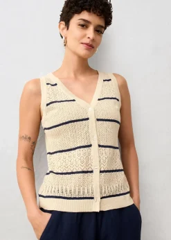 bonprix Bekleidung·Umstandsmode|Premium^Ajour-Strickweste mit Leinenanteil hellsand/dunkelblau