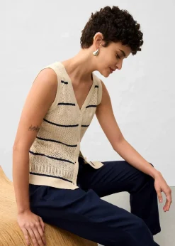 bonprix Bekleidung·Umstandsmode|Premium^Ajour-Strickweste mit Leinenanteil hellsand/dunkelblau