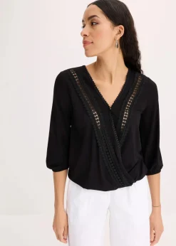 bonprix Shirts & Tops^3/4-Arm Shirt mit Spitze in Wickeloptik schwarz