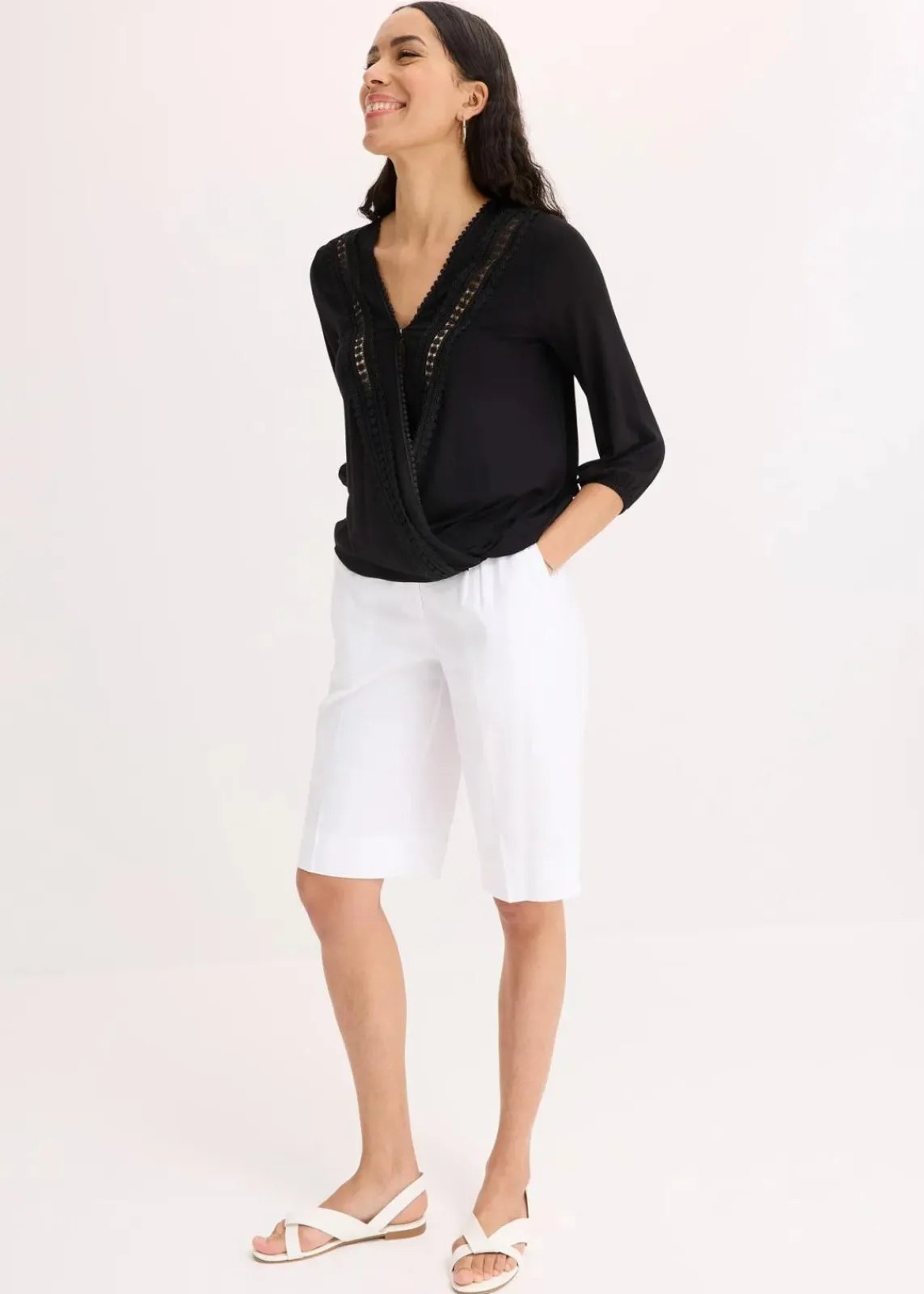 bonprix Shirts & Tops^3/4-Arm Shirt mit Spitze in Wickeloptik schwarz
