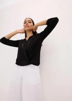 bonprix Shirts & Tops^3/4-Arm Shirt mit Spitze in Wickeloptik schwarz