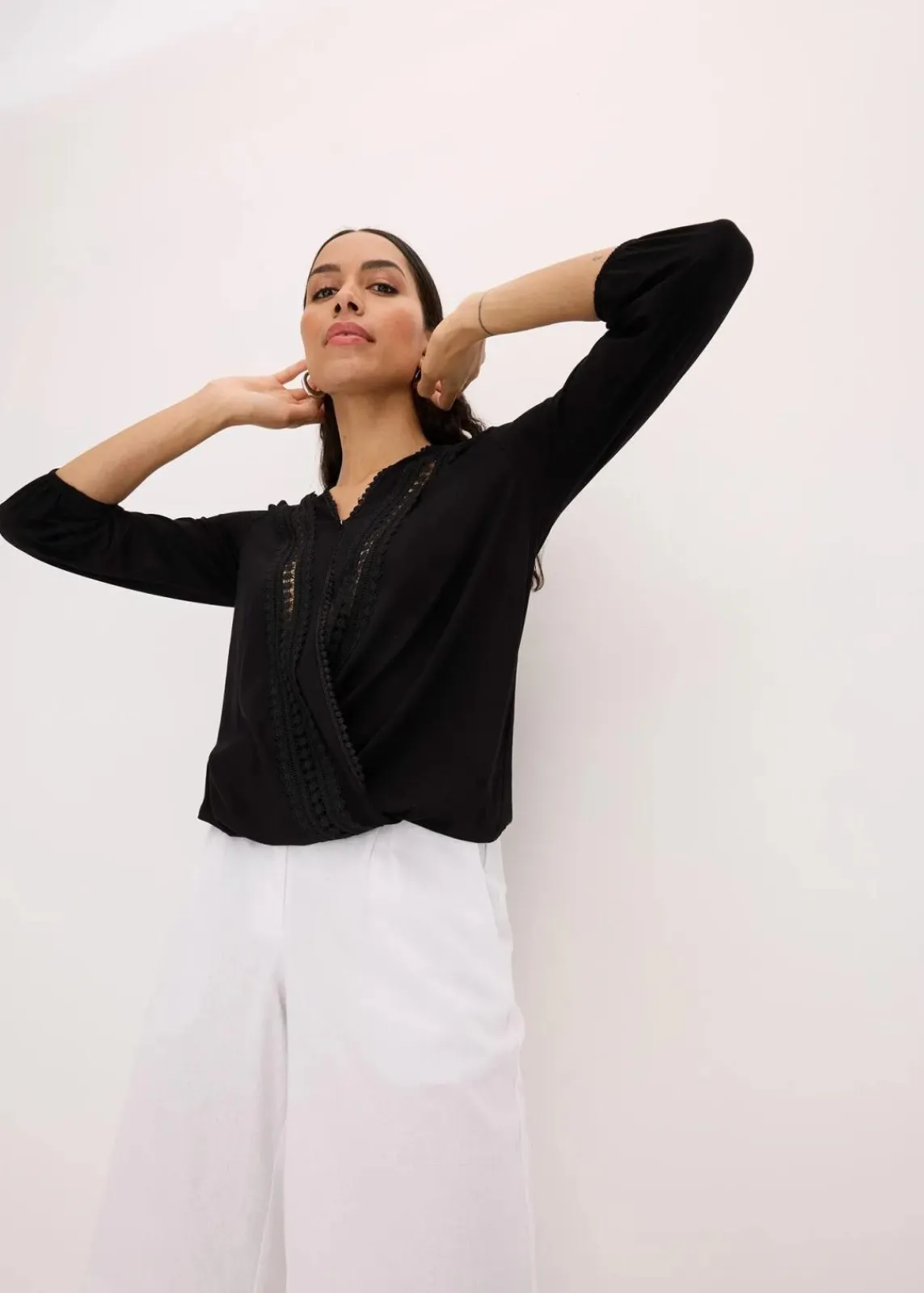 bonprix Shirts & Tops^3/4-Arm Shirt mit Spitze in Wickeloptik schwarz