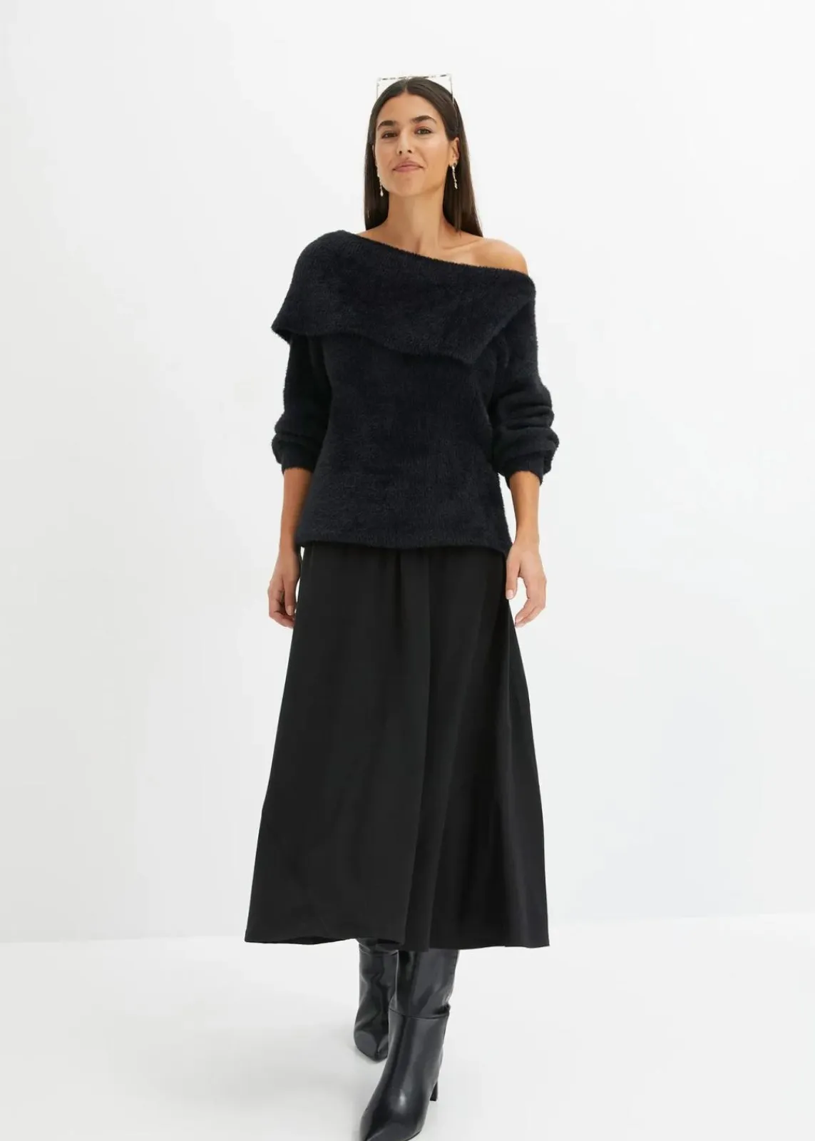 bonprix Bekleidung·Umstandsmode|Strickmode^Asymmetrischer Off-Shoulder Pullover schwarz