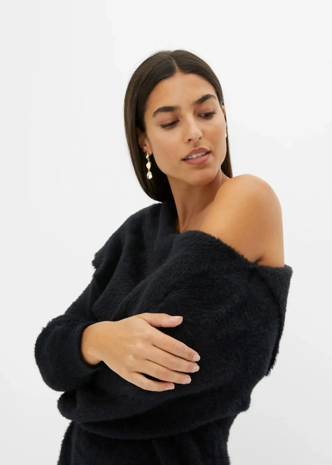 bonprix Bekleidung·Umstandsmode|Strickmode^Asymmetrischer Off-Shoulder Pullover schwarz