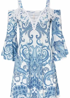 bonprix Kleider^Ausgestelltes Carmen-Kleid weiss / blau bedruckt