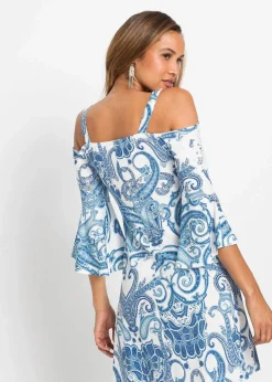 bonprix Kleider^Ausgestelltes Carmen-Kleid weiss / blau bedruckt