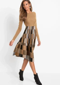 bonprix Bekleidung·Umstandsmode|Strickmode^Ausgestelltes Jacquard-Strickkleid camel/braun kariert