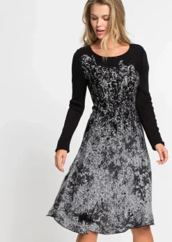 bonprix Bekleidung·Umstandsmode|Bekleidung·Pullover & Strickjacken^Ausgestelltes Jacquard-Strickkleid schwarz/wollweiß bedruckt
