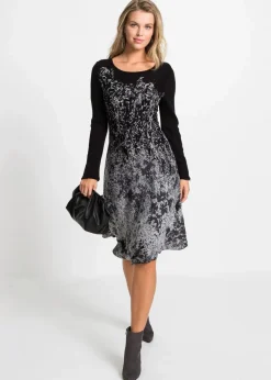 bonprix Bekleidung·Umstandsmode|Bekleidung·Pullover & Strickjacken^Ausgestelltes Jacquard-Strickkleid schwarz/wollweiß bedruckt
