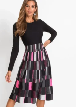bonprix Bekleidung·Umstandsmode|Strickmode^Ausgestelltes Jacquard-Strickkleid grau/schwarz/pink kariert