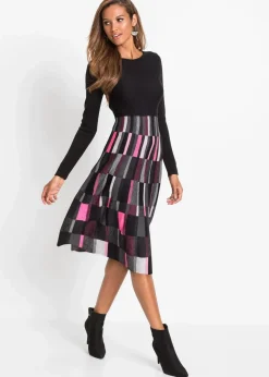 bonprix Bekleidung·Umstandsmode|Strickmode^Ausgestelltes Jacquard-Strickkleid grau/schwarz/pink kariert