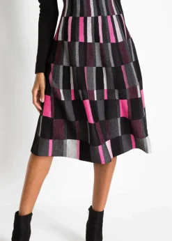 bonprix Bekleidung·Umstandsmode|Strickmode^Ausgestelltes Jacquard-Strickkleid grau/schwarz/pink kariert