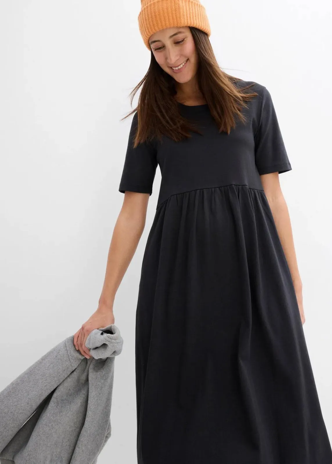 bonprix Bekleidung·Pullover & Strickjacken|Kleider^Ausgestelltes Jerseykleid aus schwerer Baumwolle schwarz