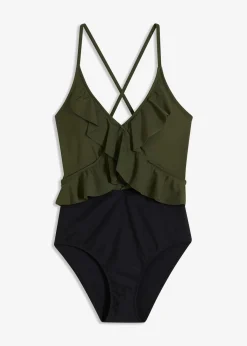 bonprix Nachhaltigere Materialien|Badeanzüge^Badeanzug mit Cut-Out und Volants khaki / schwarz