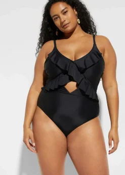 bonprix Nachhaltigere Materialien|Bademode·Badeanzüge^Badeanzug mit Cut-Out und Volants schwarz